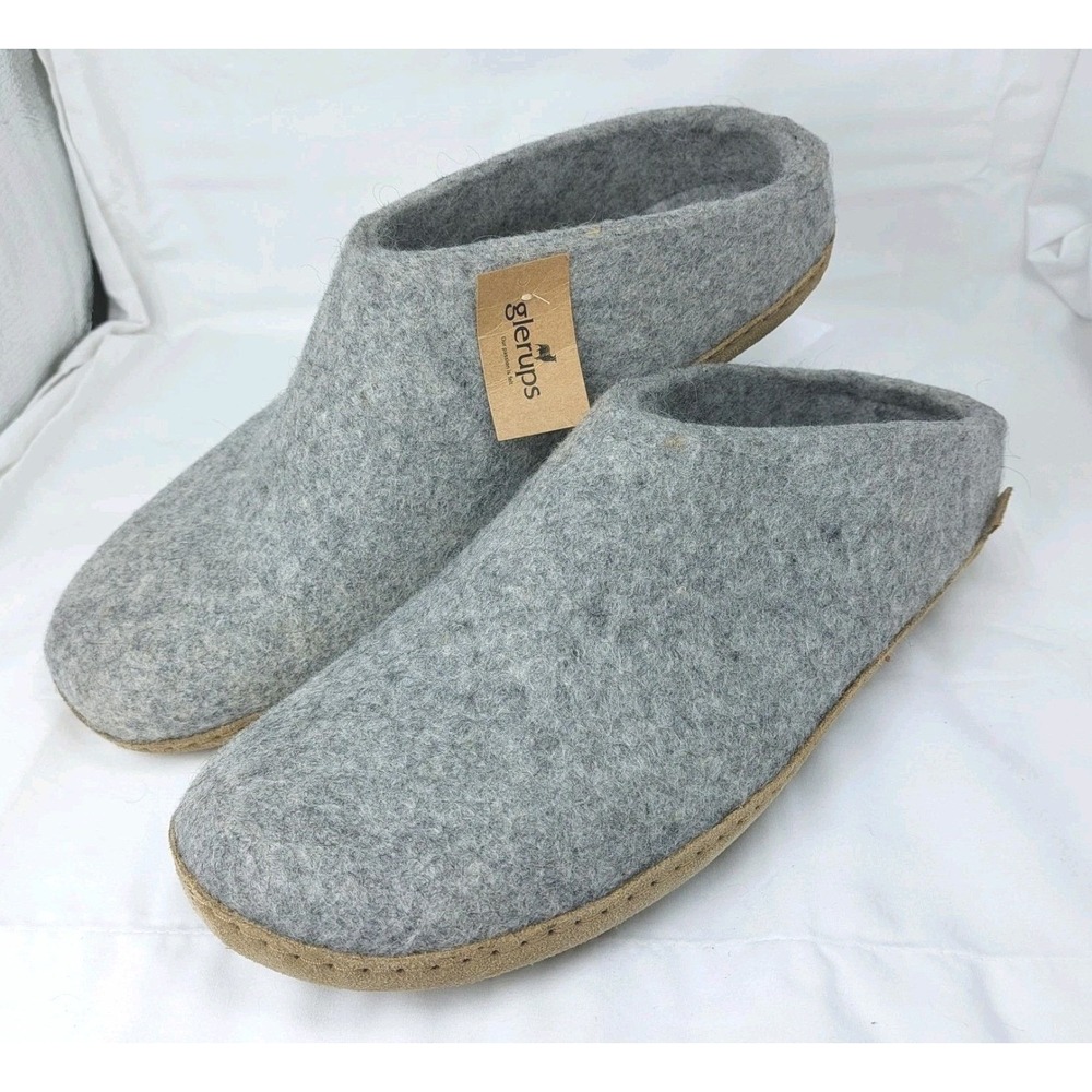 Glerups Natural Wool Slipper Mens Slip On Gray US 13 EU 47  Leather Bottom New